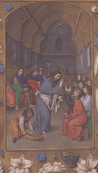 54782 إضافي ، ص. 265v: المسيح يغسل أقدام التلاميذ ، من ساعات هاستينغز ، حوالي 1475-83 (ورق) بواسطة المدرسة الفلمنكية