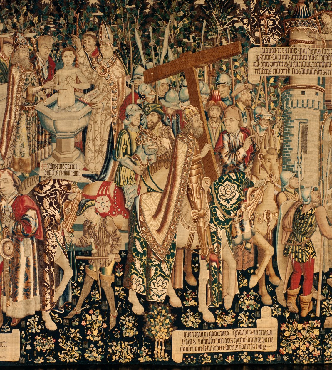 كاتدرائية (The Seo. Ca tedral of Savior of Zaragoza). متحف النسيج. نسيج فلمنكي. أسطورة الصليب المقدس (أسطورة الصليب المقدس ، أسطورة الصليب المقدس). التفاصيل. تقريبا. 1450. 430x1120 سم. بواسطة المدرسة الفلمنكية