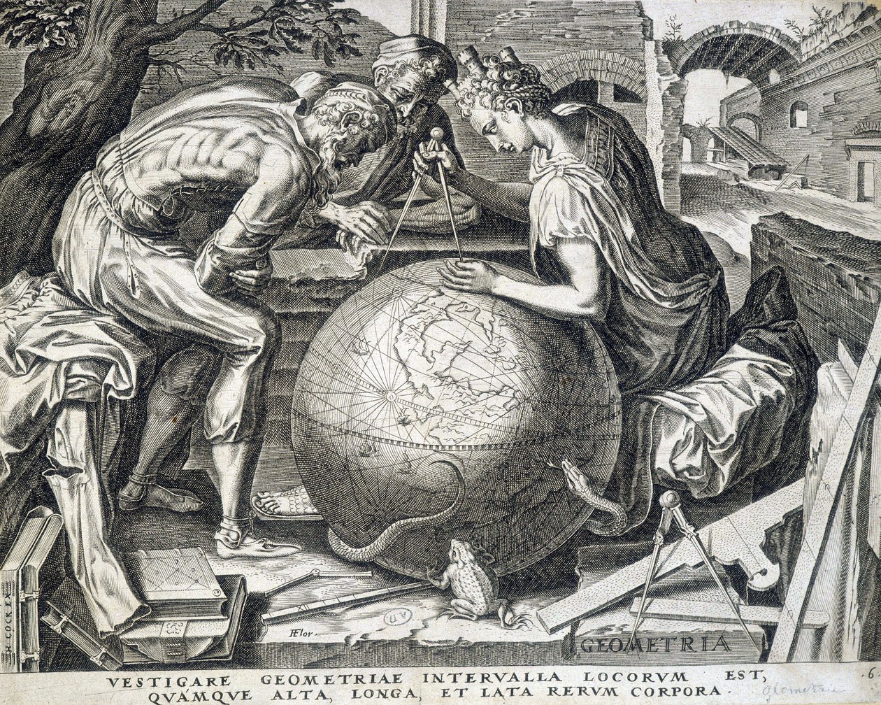 Characters leaning above the globe with comppas (allegory of geometry) - engraving, Flanders بواسطة المدرسة الفلمنكية