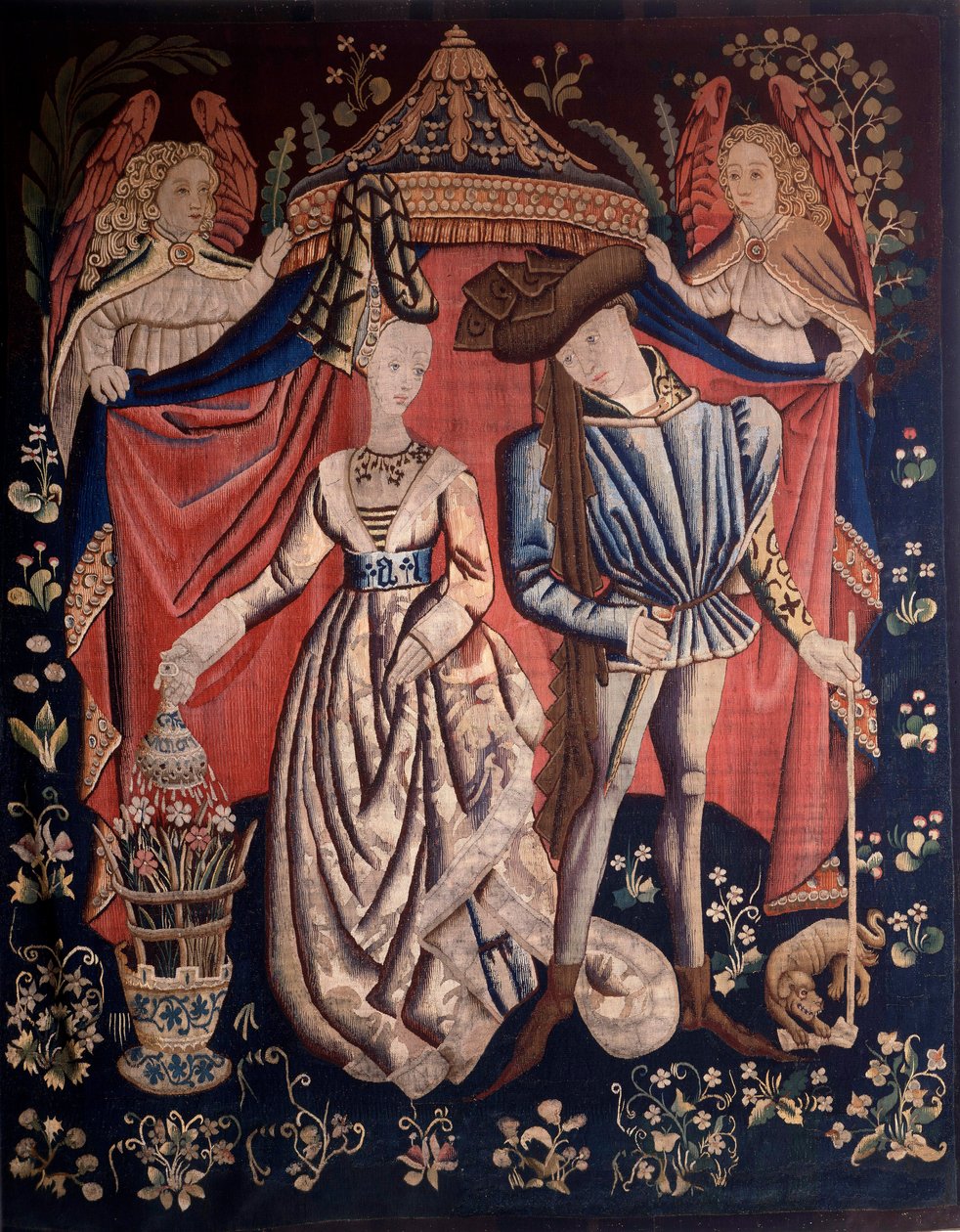 Charles d'Orleans (1394-1465) و Marie de Cleves (1426-1487) تحت Dais Tapestry صنع في ورش بروكسل بواسطة المدرسة الفلمنكية