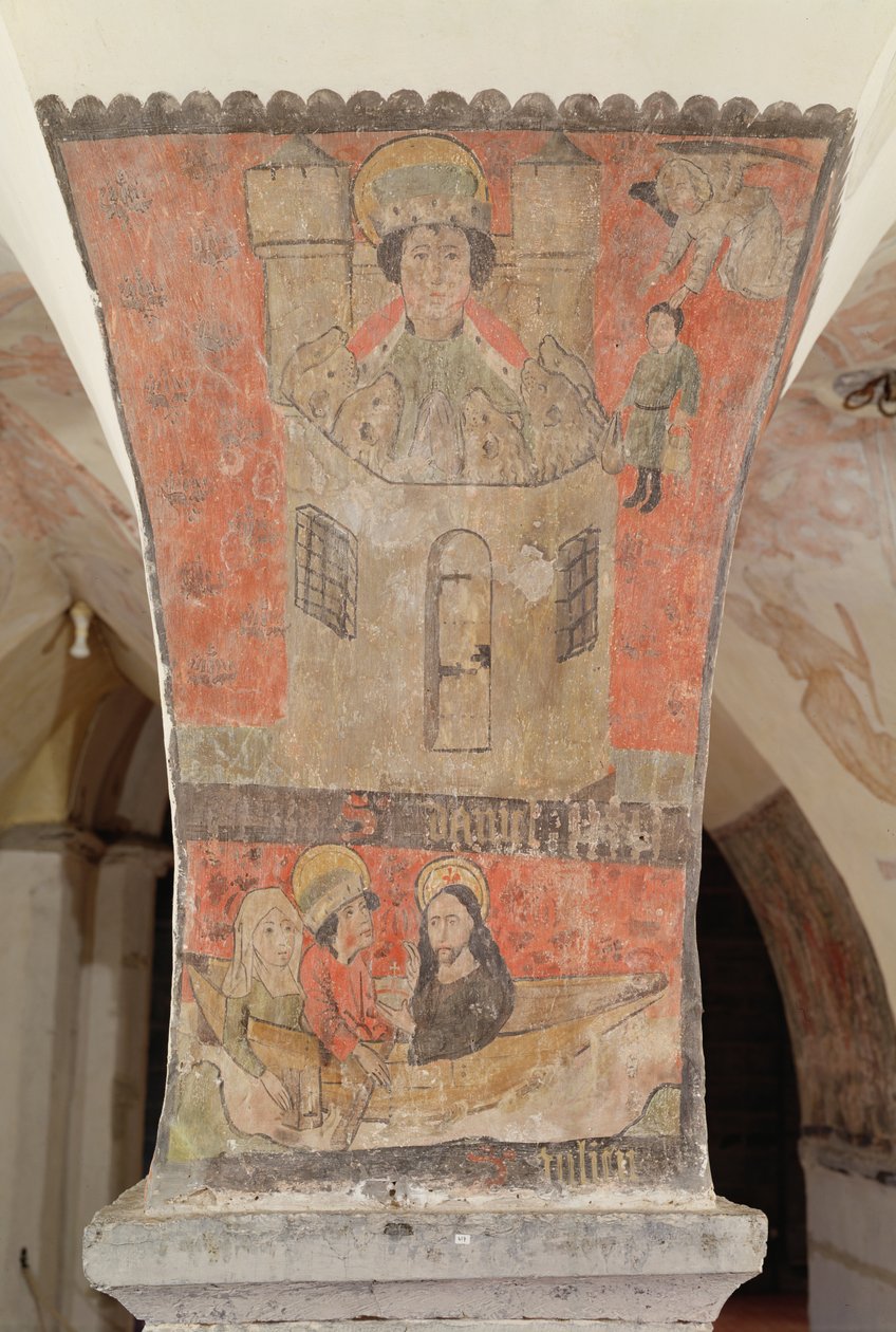 دانيال في دين ليون ، يضم أدناه سانت جوليان ، وزوجته ويسوع المسيح ، جدارية من القبو ، c.1480-1540 بواسطة المدرسة الفلمنكية