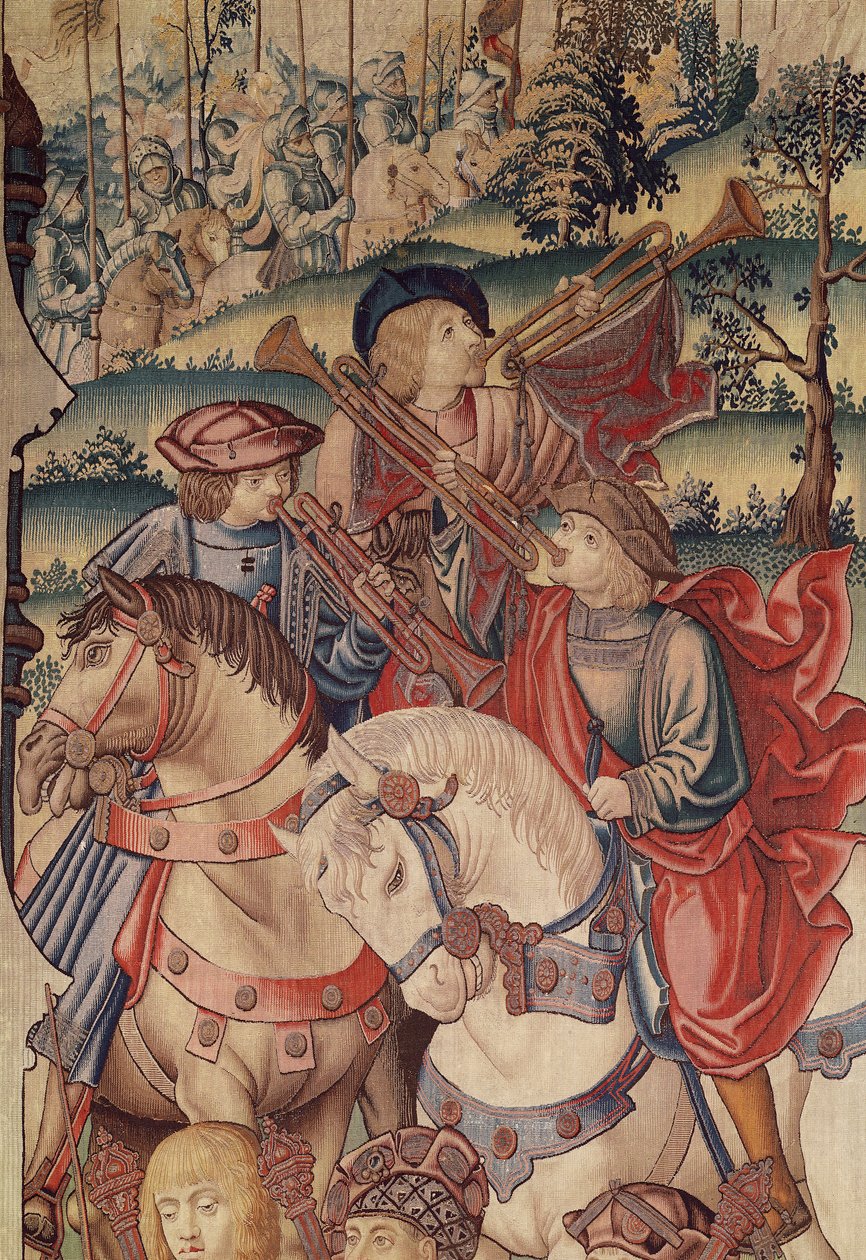 تفاصيل عازف البوق على ظهور الخيل ، من نسيج داود وبثشبع ، 1510-15 بواسطة المدرسة الفلمنكية