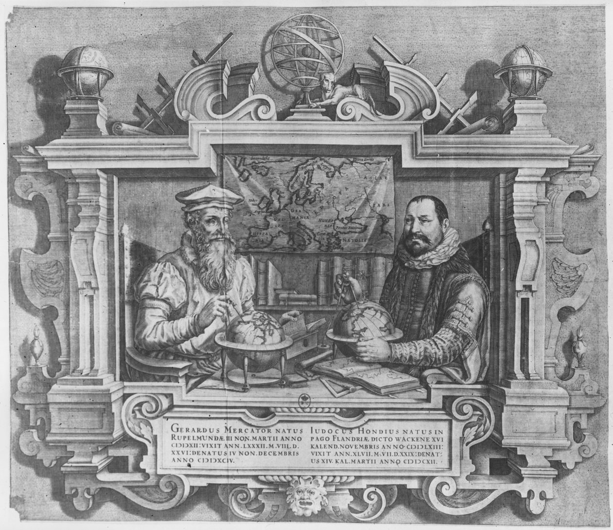 صورة مزدوجة لجيرارد ميركاتور (1512-94) وجودوكوس هونديوس (1563-1612) محفورة لتضمينها في سلسلة أطلس ميركاتور وهونديوس ، 1619 (انظر أيضًا 10457 و 30866 بواسطة المدرسة الفلمنكية