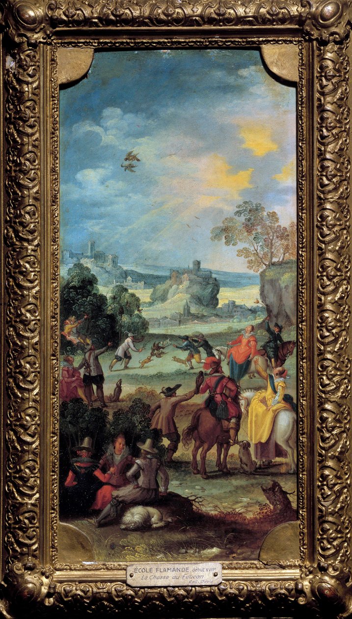 Falcon hunting Scene hunting and rest in the countryside. Painting of the Flemish School. The beginning of the 17th century. Dijon, Museum of Fine Arts بواسطة المدرسة الفلمنكية