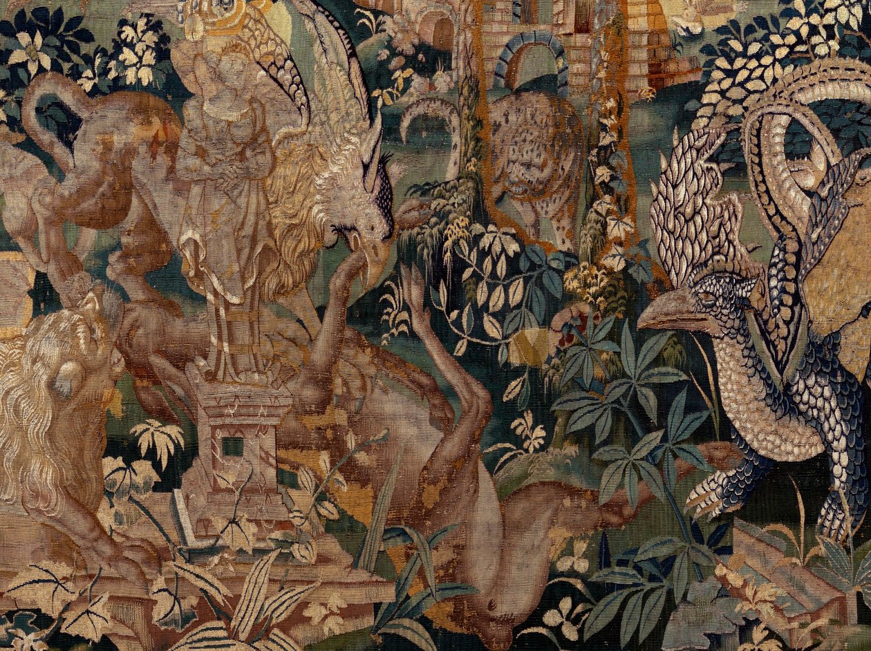 نسيج فلمنكي. منظر طبيعي مع برجولة ووحوش كبيرة ، مع عمودين. استوديو Oudenaarde. 319x508 سم. Inv 0023. القرن السابع عشر. بواسطة المدرسة الفلمنكية