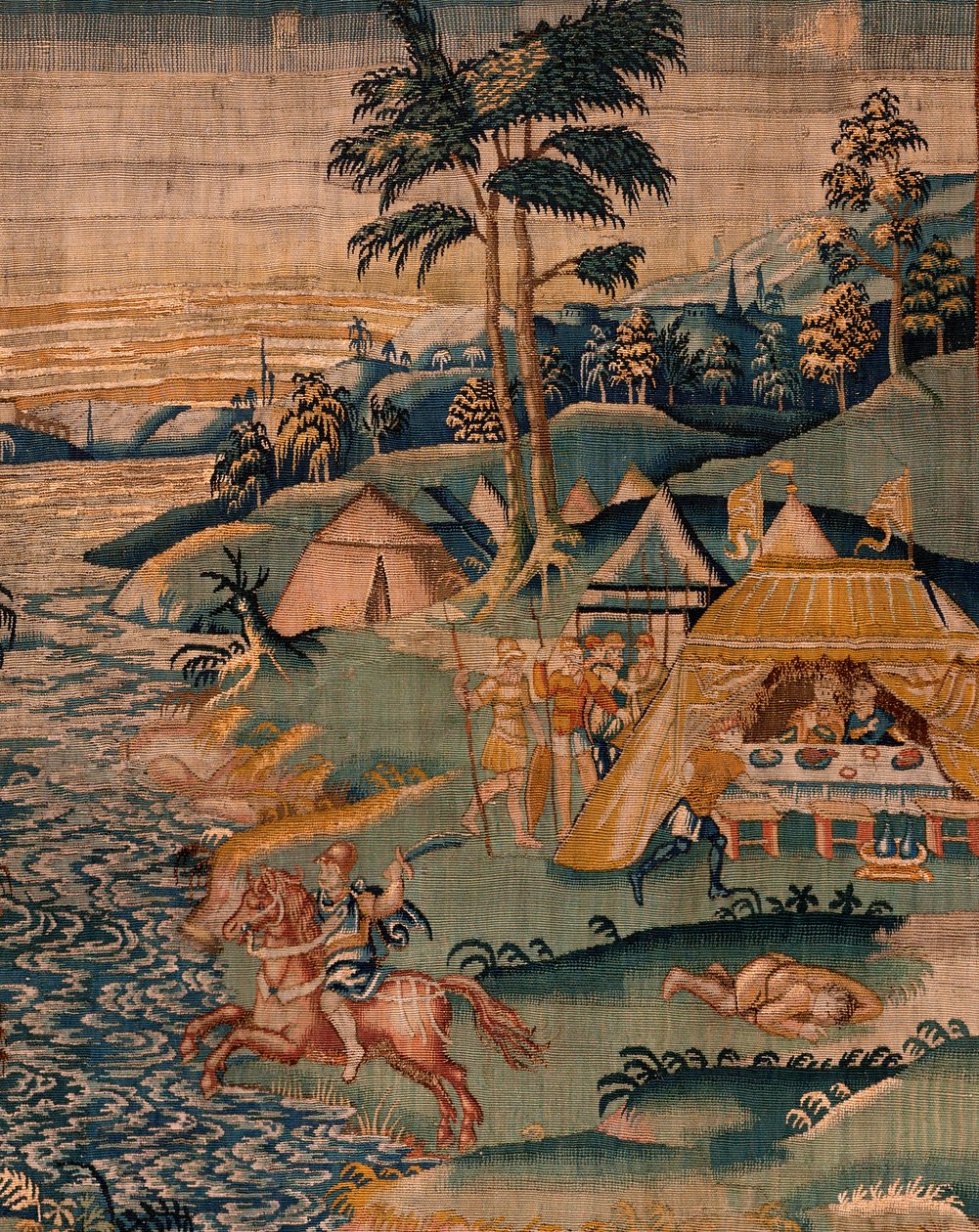 نسيج فلمنكي. معسكر عسكري بالقرب من نهر جرانيكوس. استوديو Oudenaarde. 377x393 سم. رقم الفاتورة 83104-9 / 00011. القرن ال 17. بواسطة المدرسة الفلمنكية