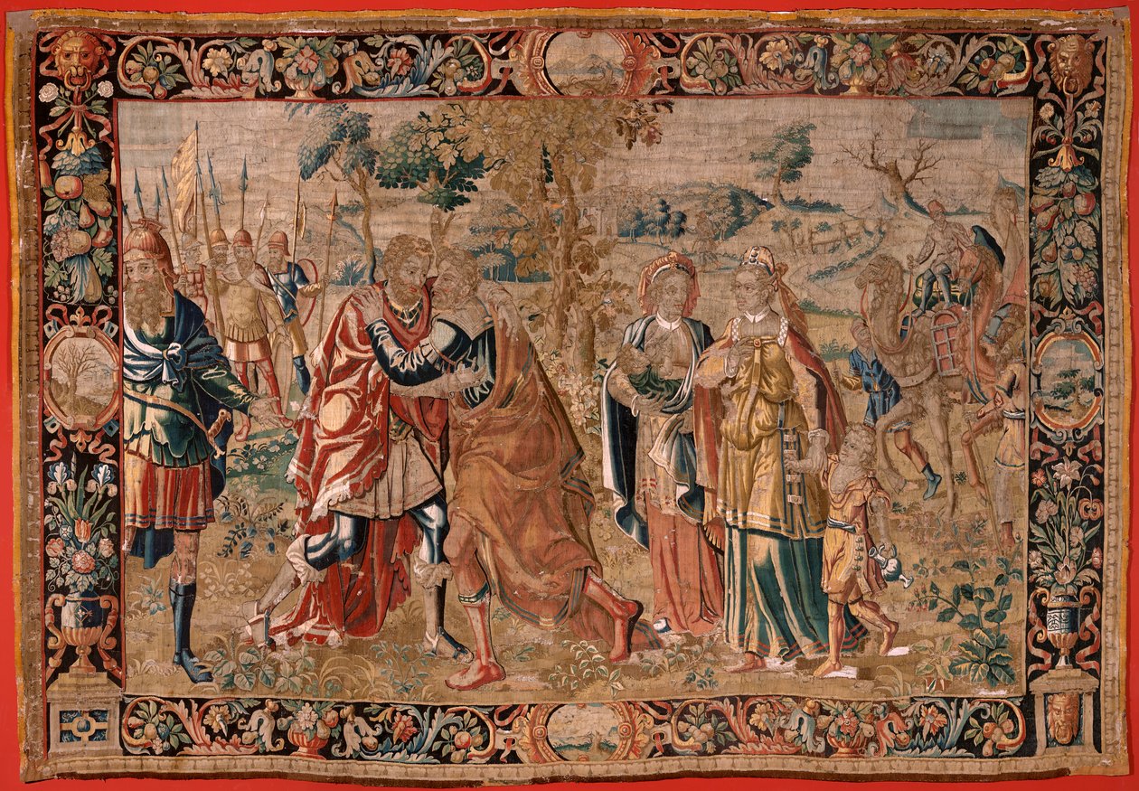 نسيج فلمنكي. سلسلة Esau و. لقاء بين يعقوب وعيسو (Encuentro entre Jacob y Esa). النسيج الثالث في السلسلة. صناعة هولندا ، النصف الثاني من القرن السادس عشر. نسيج الصوف. الموقع كنيسة القديس نيكولاس باري (افتتح المتحف بواسطة المدرسة الفلمنكية