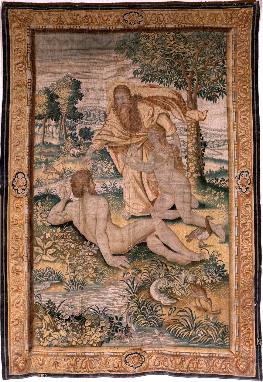 نسيج فلمنكي. سلسلة سفر التكوين أو رجل الخلق. خلق الله المرأة وعرفها بآدم (Dios crea a la mujer y la presenta a Adán). نموذج على أساس ميشيل كوكسي. مصنع جان ايرست في بروكسل. كاليفورنيا 1630. نسيج حرير وصوف. بواسطة المدرسة الفلمنكية