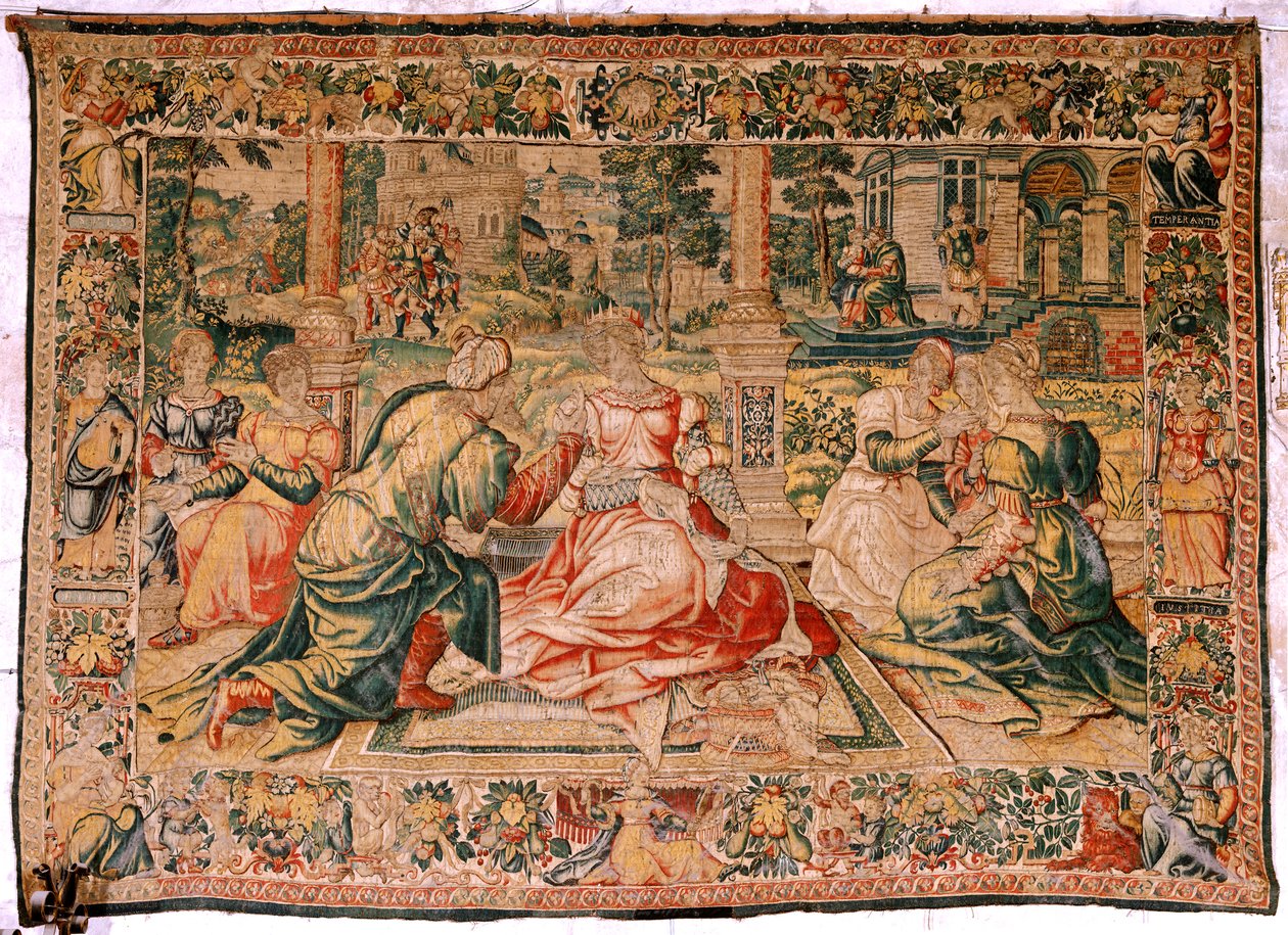 نسيج فلمنكي. مسلسل مارك انطوني وكليوباترا. كليوباترا ومحكمتها (Cleopatra en su corte). نموذج كارتون يُنسب إلى بيتر كويك فان إيلست. تصنيع بروكسل (؟). النصف الثاني من القرن السادس عشر. نسيج حرير وصوف. الحجم 310 × 435 سم. أصل بواسطة المدرسة الفلمنكية