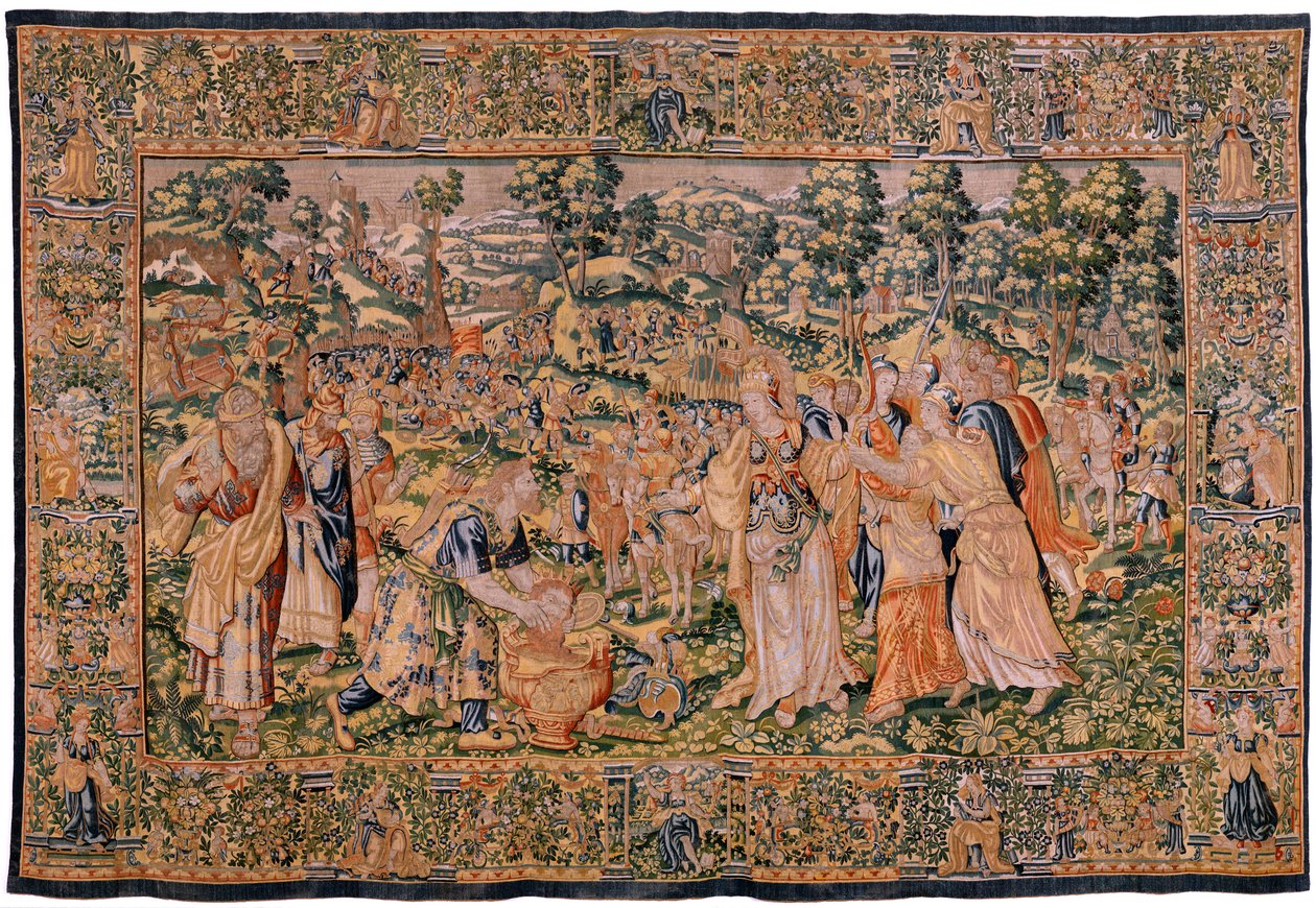 نسيج فلمنكي. مسلسل قصة سايروس. يأمر No VI Tomyris بغمس رأس Cyrus في وعاء دم (Tomiris manda sumergir la cabeza de Ciro en un reciente lleno de sangre). مجهول ، استنادًا إلى ميشيل كوكسي. أتيليه أنتويرب. الحرير ووو بواسطة المدرسة الفلمنكية