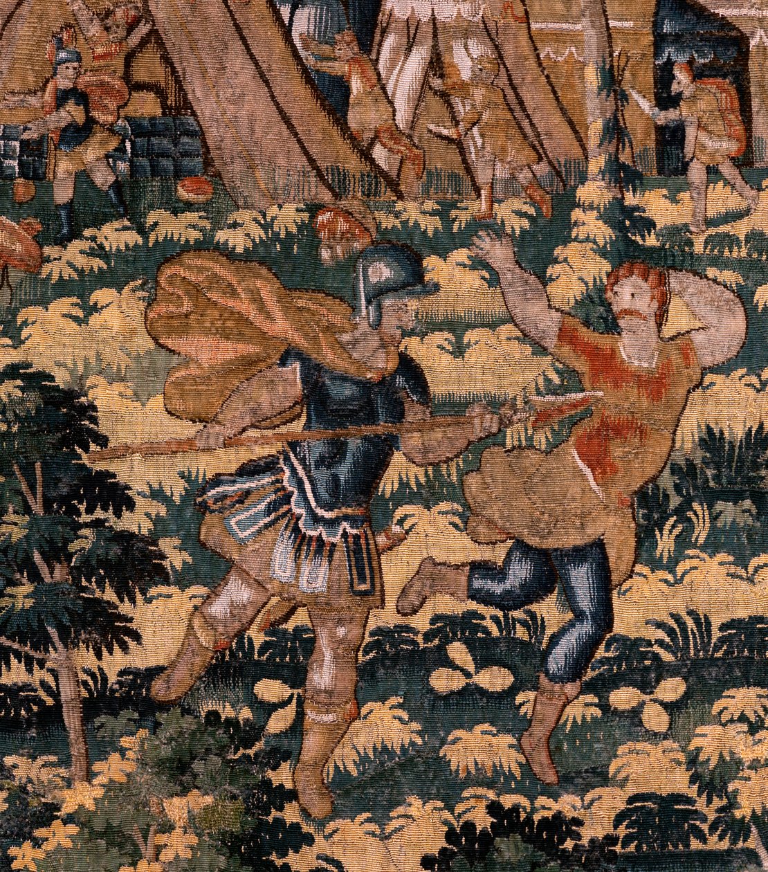نسيج فلمنكي. مسلسل قصة سايروس. لا V قتال بين اثنين من المحاربين وموت Cyrus (Combate de dos guerreros y muerte de Ciro). مجهول ، استنادًا إلى ميشيل كوكسي. أتيليه أنتويرب. الحرير والصوف. كاليفورنيا 1590. بواسطة المدرسة الفلمنكية