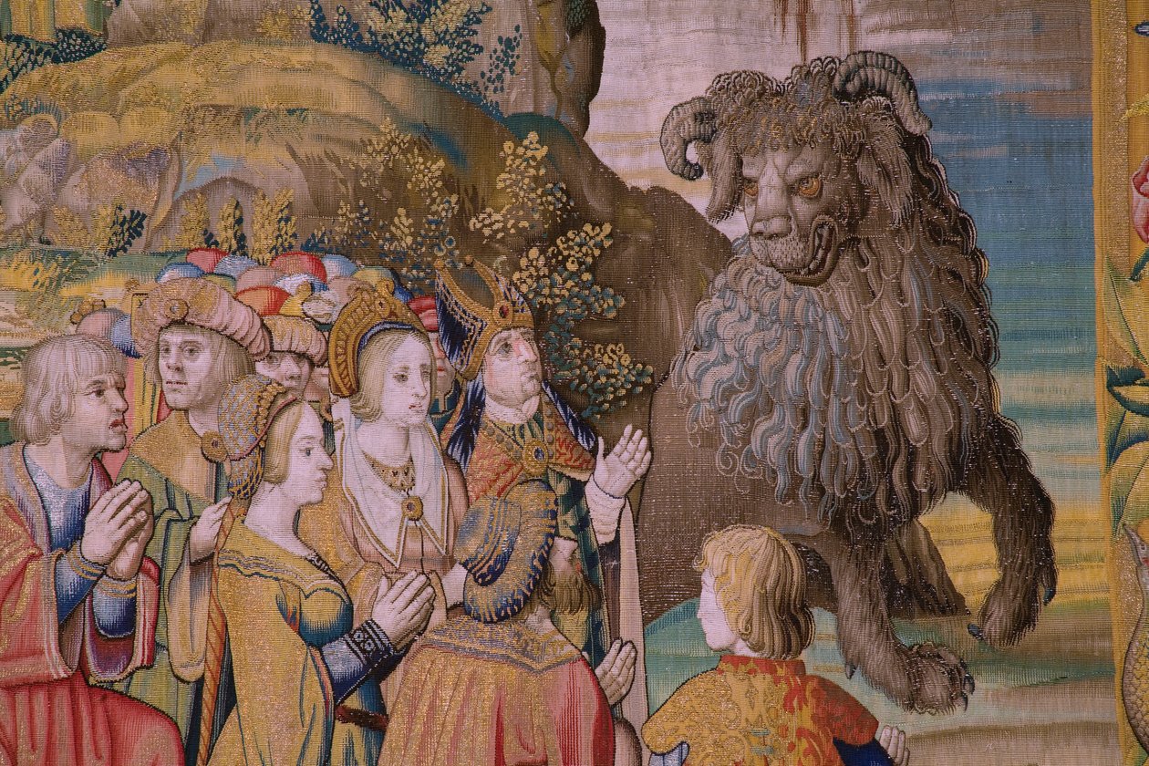 نسيج فلمنكي. سلسلة نهاية العالم: القديس ميخائيل يهزم التنين. أتيليه ويليم ديرموين ، بروكسل. كاليفورنيا 1553-1555. التفاصيل. بواسطة المدرسة الفلمنكية
