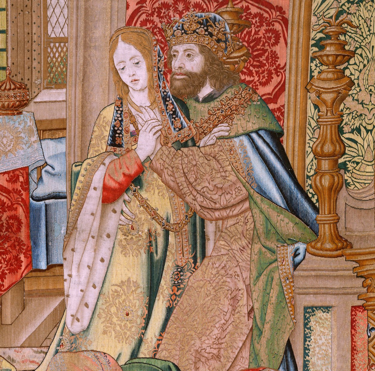 نسيج فلمنكي. سلسلة تاريخ داود وبثشبع. زواج داود وبثشبع (Casamiento de David y Betsabé). اللوحة الثانية من السلسلة. نموذج مجهول. تصنيع غير معروف ، بروكسل. 1505. أقمشة من الذهب والحرير والصوف. بواسطة المدرسة الفلمنكية