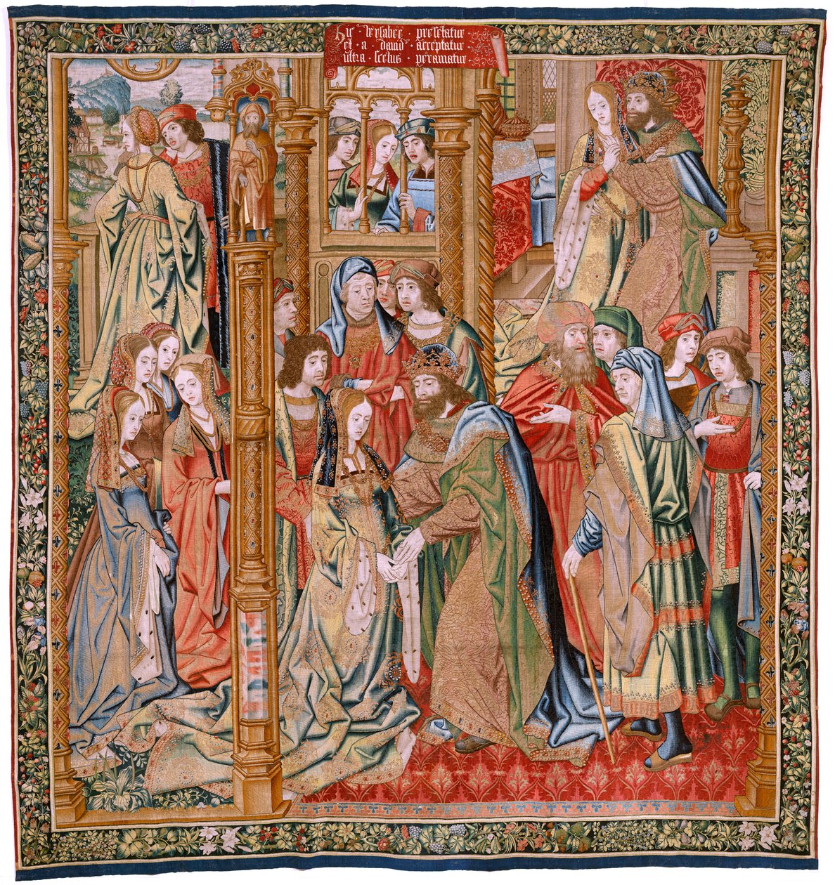 نسيج فلمنكي. سلسلة تاريخ داود وبثشبع. زواج داود وبثشبع (Casamiento de David y Betsabé). اللوحة الثانية من السلسلة. نموذج مجهول. تصنيع غير معروف ، بروكسل. 1505. أقمشة من الذهب والحرير والصوف. بواسطة المدرسة الفلمنكية
