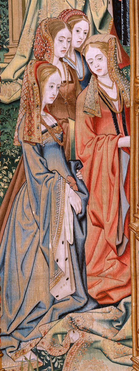 نسيج فلمنكي. سلسلة تاريخ داود وبثشبع. زواج داود وبثشبع (Casamiento de David y Betsabé). اللوحة الثانية من السلسلة. نموذج مجهول. تصنيع غير معروف ، بروكسل. 1505. أقمشة من الذهب والحرير والصوف. بواسطة المدرسة الفلمنكية