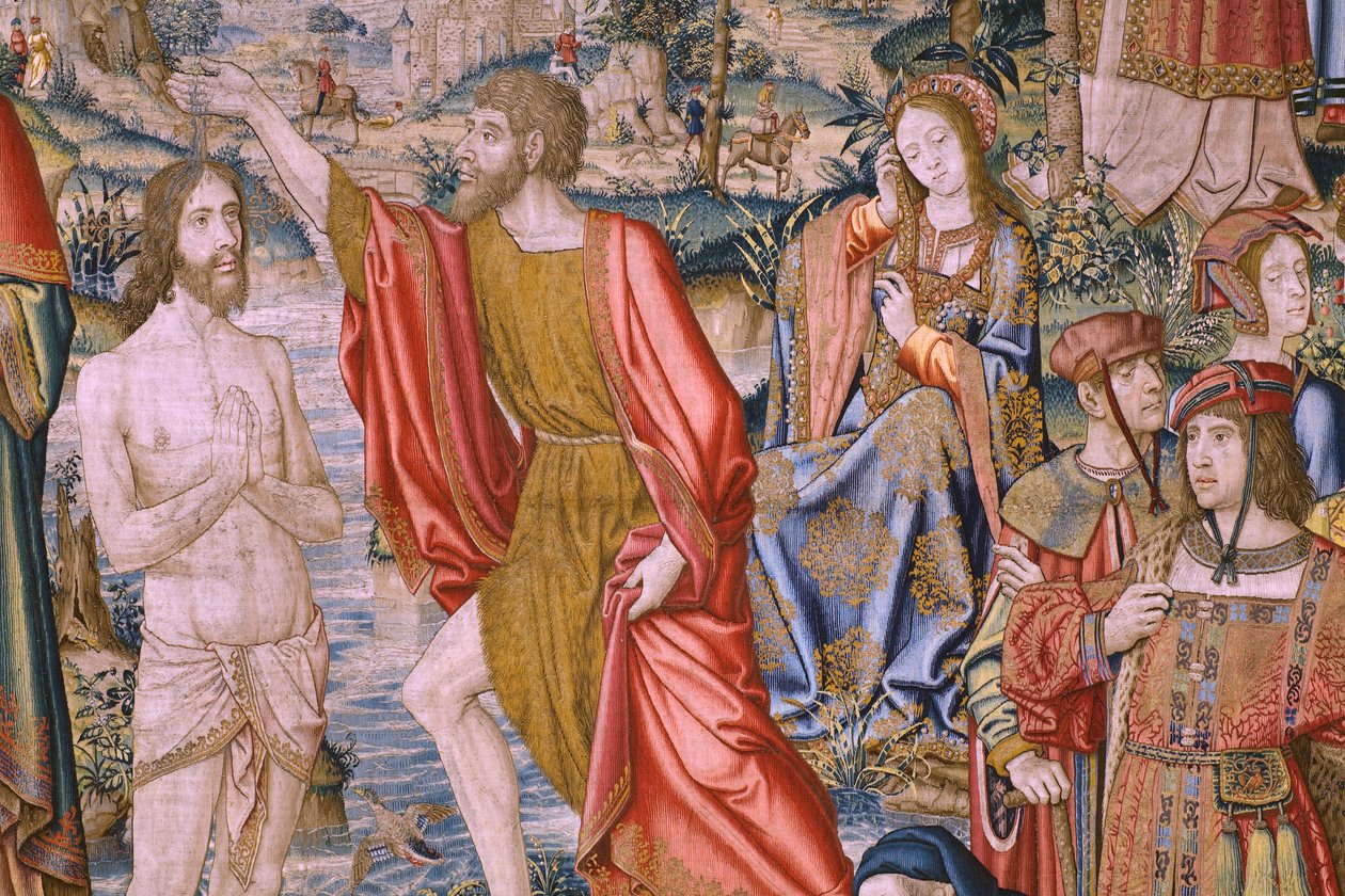 نسيج فلمنكي. سلسلة تاريخ القديس يوحنا المعمدان: معمودية المسيح (Het doopsel van Christus). مشغل بروكسل. 1515-1520. بواسطة المدرسة الفلمنكية