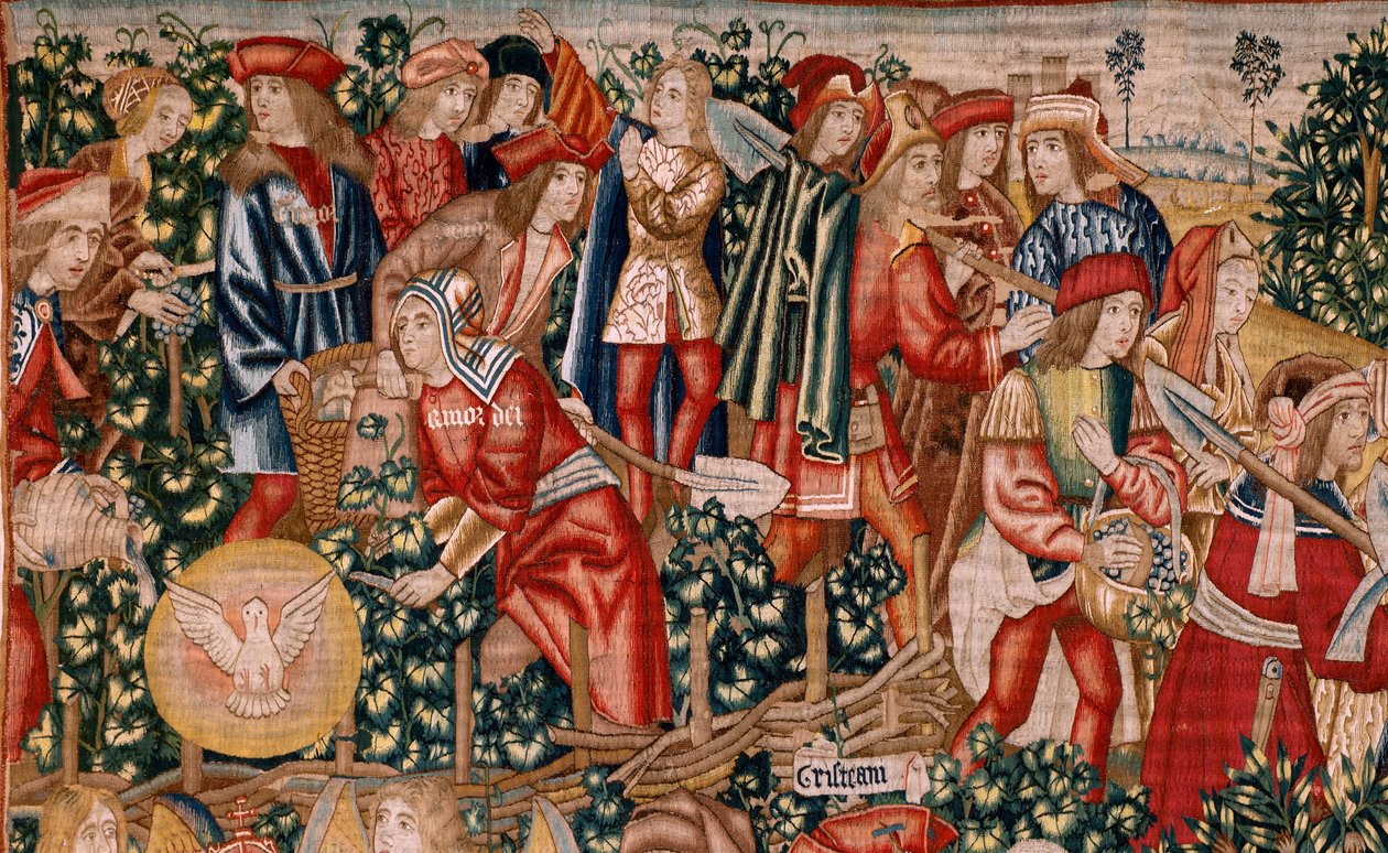 نسيج فلمنكي. سلسلة مثل العمال في الكرم. دفع الديناريوس (El pago del denario). النسيج الثاني في السلسلة. تصنيع بروكسل ، ورش عمل بيتر فان إيلست (؟). كاليفورنيا 1500. نسيج حرير وصوف ، 6 لفات لكل سم. بواسطة المدرسة الفلمنكية
