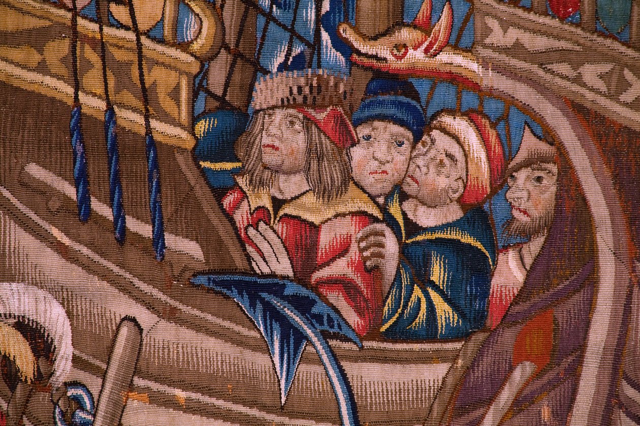 نسيج فلمنكي. السلسلة البرتغالية في الهند: الوصول إلى كاليكوت (De Aankomst in Calicut ، Llegado de Vasco de Gama a Lisboa). كاليفورنيا 1510. مجموعة Caixa Geral de Depósitos ، لشبونة. التفاصيل. بواسطة المدرسة الفلمنكية