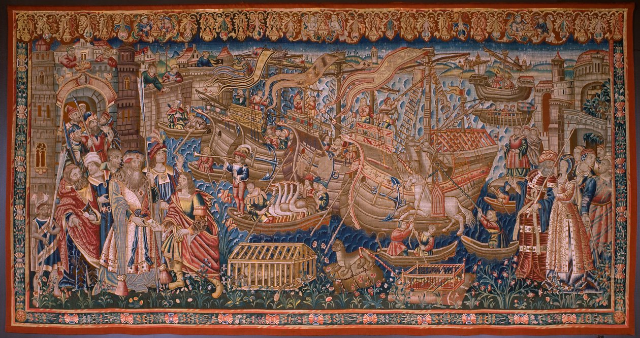نسيج فلمنكي. السلسلة البرتغالية في الهند: الوصول إلى كاليكوت (De Aankomst in Calicut ، Llegado de Vasco de Gama a Lisboa). كاليفورنيا 1510. مجموعة Caixa Geral de Depósitos ، لشبونة. بواسطة المدرسة الفلمنكية