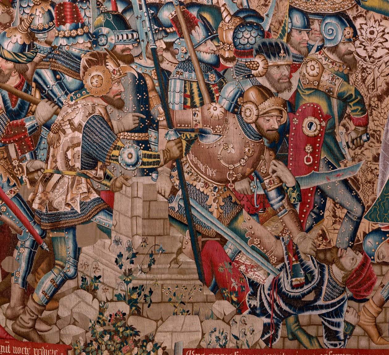 نسيج فلمنكي. مسلسل حرب طروادة. تدمير طروادة (Destrucción de Troya). نسيج الحادي عشر في السلسلة. نموذج Coëtivy Master (Henry أو Conrard de Vulcop). تصنيع ورش تورناى. كاليفورنيا 1470. نسيج صوف وحرير ، 6/7 انفتال لكل سم. بواسطة المدرسة الفلمنكية
