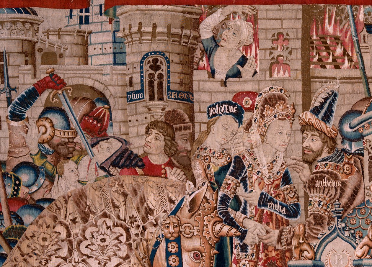 نسيج فلمنكي. مسلسل حرب طروادة. تدمير طروادة (Destrucción de Troya). نسيج الحادي عشر في السلسلة. نموذج Coëtivy Master (Henry أو Conrard de Vulcop). تصنيع ورش تورناى. كاليفورنيا 1470. نسيج صوف وحرير ، 6/7 انفتال لكل سم. بواسطة المدرسة الفلمنكية