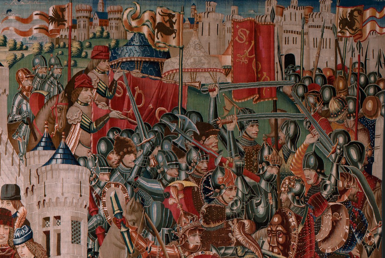 نسيج فلمنكي. سلسلة غير معروف. التاريخ الروماني؟ Tarquinius Priscus (Tarquino Prisco). تصنيع ورش بروكسل ؟. كاليفورنيا 1475. نسيج صوف وحرير ، 6 لفات لكل سم. الأصل تبرع الكونت ألبا دي أليست ، وصل إلى الكاتدرائية عام 1608. ؛ لوكاتي بواسطة المدرسة الفلمنكية