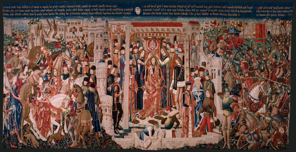 نسيج فلمنكي. سلسلة غير معروف. التاريخ الروماني؟ Tarquinius Priscus (Tarquino Prisco). تصنيع ورش بروكسل ؟. كاليفورنيا 1475. نسيج صوف وحرير ، 6 لفات لكل سم. الأصل تبرع الكونت ألبا دي أليست ، وصل إلى الكاتدرائية عام 1608. ؛ لوكاتي بواسطة المدرسة الفلمنكية