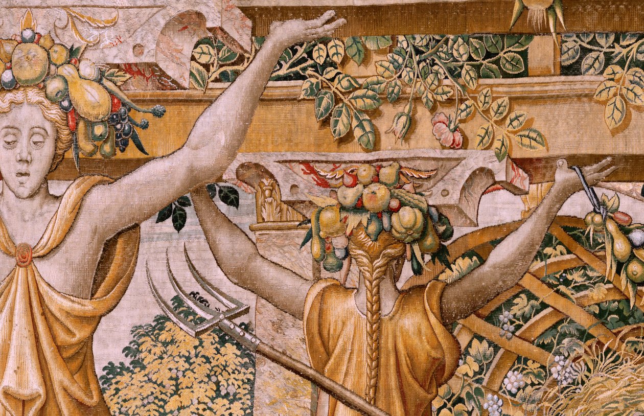 نسيج فلمنكي. سلسلة Vertumnus و Pomona. No II Vertumnus تحول إلى مزارع (Vertumno y Pomona II Vertumno convertado en زراعي) no1 الجزء الأيسر. نماذج دائرة بيتر كويك فان إيلست وليونارد تيري. أتيليه غير معروف ، بروكسل. ذهب، بواسطة المدرسة الفلمنكية