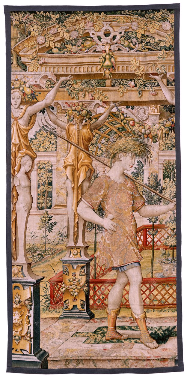 نسيج فلمنكي. سلسلة Vertumnus و Pomona. No II Vertumnus تحول إلى مزارع (Vertumno y Pomona II Vertumno convertado en زراعي) no1 الجزء الأيسر. نماذج دائرة بيتر كويك فان إيلست وليونارد تيري. أتيليه غير معروف ، بروكسل. ذهب، بواسطة المدرسة الفلمنكية
