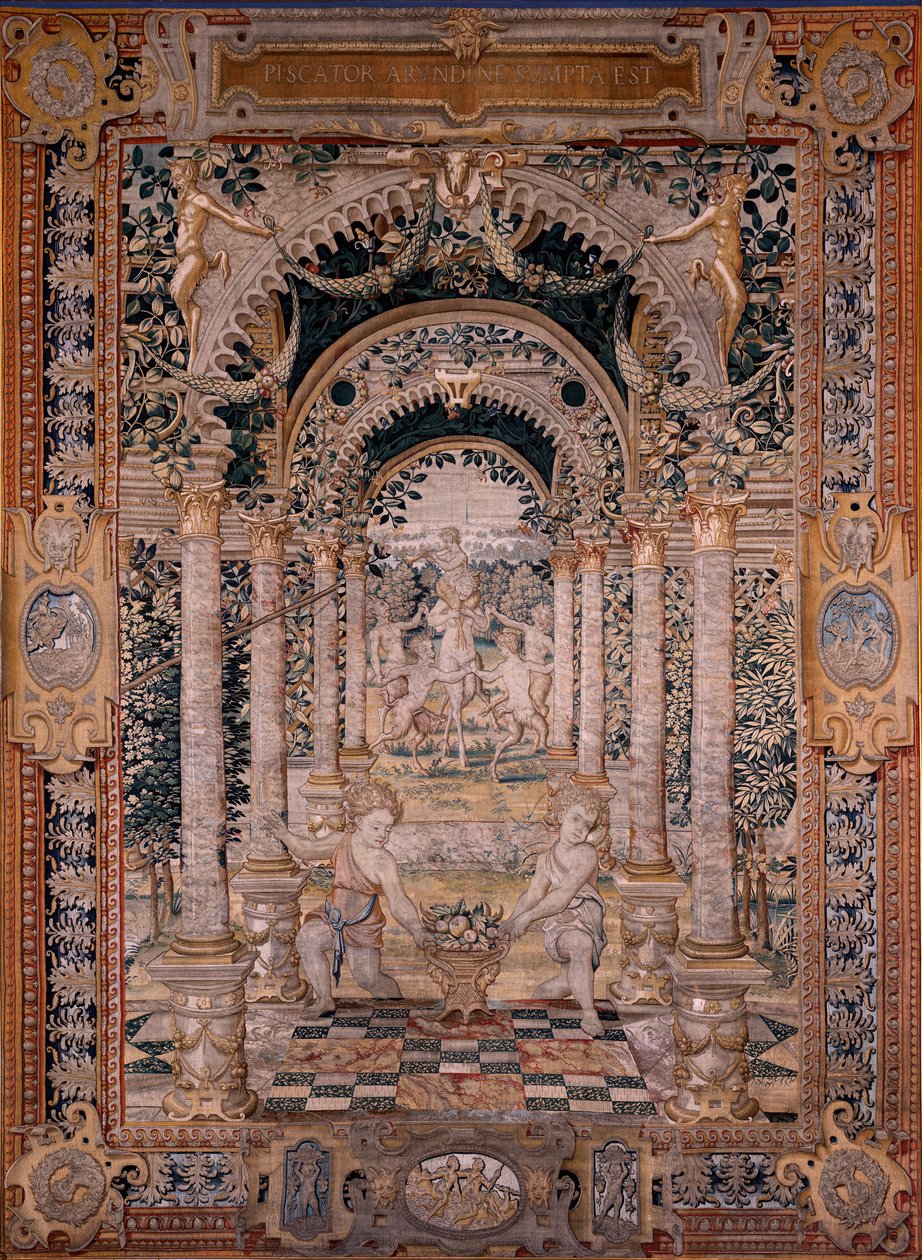 نسيج فلمنكي. سلسلة Vertumnus و Pomona. النسيج السابع من السلسلة ؛ تحول Vertumnus إلى صياد (الجزء المركزي). نماذج دائرة بيتر كويك فان إيلست وليونارد تيري. ورشة تصنيع غير معروفة ، بروكسل. قبل عام 1550. فابريك جو بواسطة المدرسة الفلمنكية
