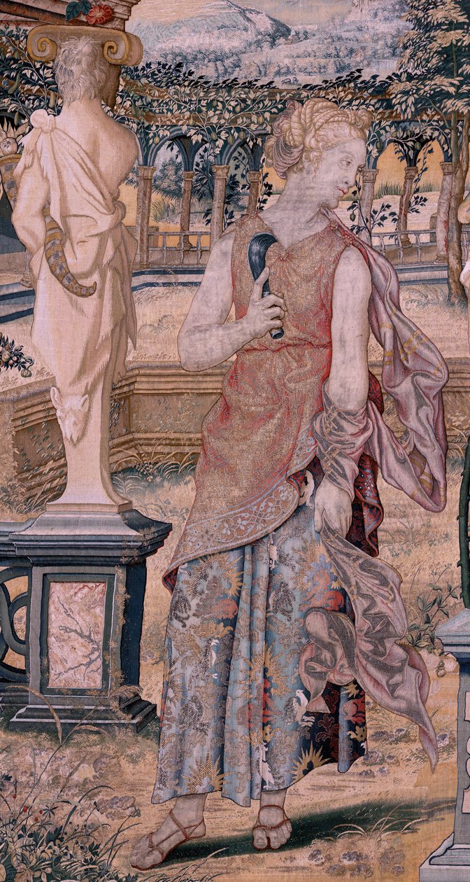 نسيج فلمنكي. سلسلة Vertumnus و Pomona. تحول Vertumnus إلى حصادة (Vertumno transformado en segador). النسيج الأول في السلسلة. نموذج دائرة بيتر كوك فان إيلست. ؛ مصنع فيلهلم بانميكر ، بروكسل. كاليفورنيا 1545-1550. قماش بواسطة المدرسة الفلمنكية