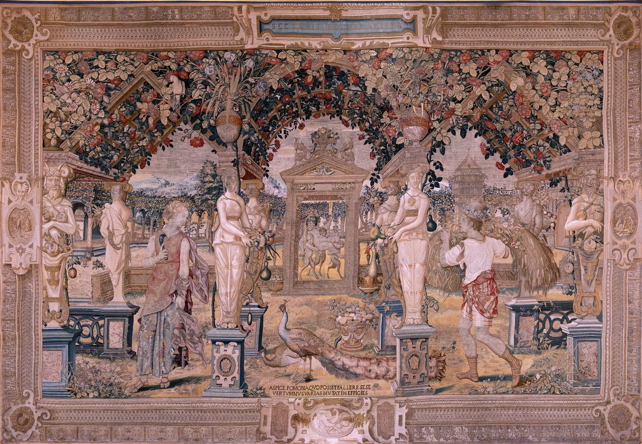 نسيج فلمنكي. سلسلة Vertumnus و Pomona. تحول Vertumnus إلى حصادة (Vertumno transformado en segador). النسيج الأول في السلسلة. نموذج دائرة بيتر كوك فان إيلست. ؛ مصنع فيلهلم بانميكر ، بروكسل. كاليفورنيا 1545-1550. قماش بواسطة المدرسة الفلمنكية