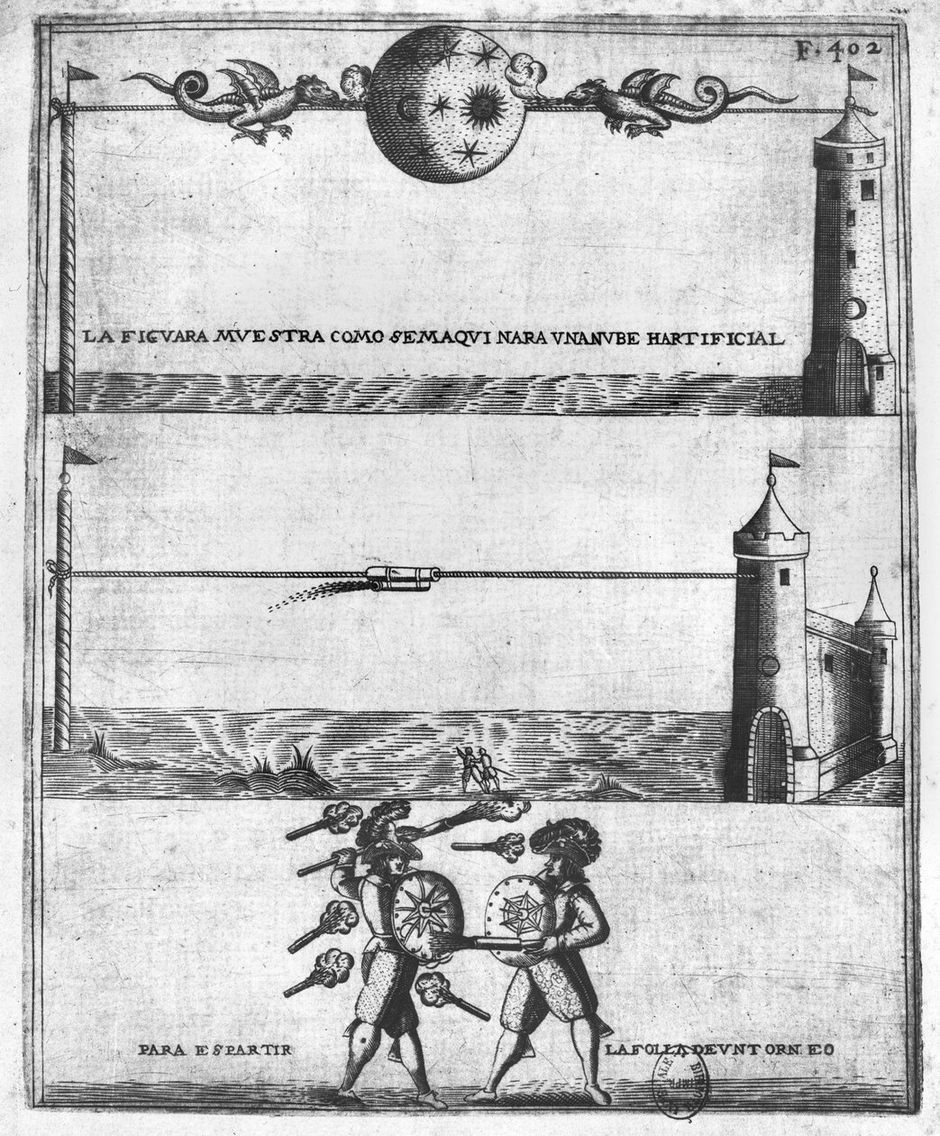 كيفية عمل سحابة اصطناعية ، رسم توضيحي من Tratado de Artilleria بواسطة Diego Ufano ، بروكسل ، 1613 بواسطة المدرسة الفلمنكية