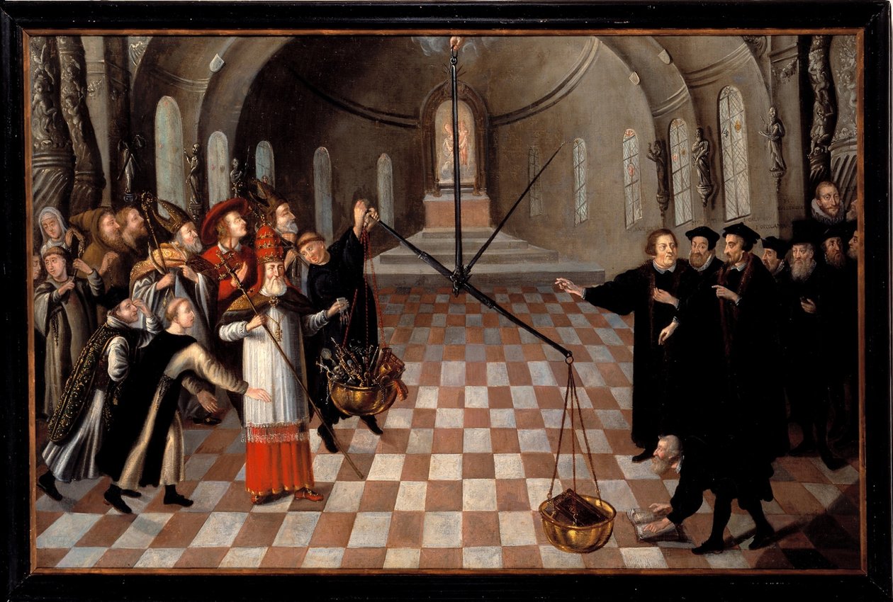 "" وزن الأديان "" رسم كاريكاتوري لوثري ضد الديانة الكاثوليكية ، متمثّل في اليسار ، غنيّ يضع ثروته في الميزان ، لكنه هزم من قبل العقيدة البروتستانتية على اليمين الذي يزن كتابه الوحيد أثقل - لوحة مجهولة بواسطة المدرسة الفلمنكية