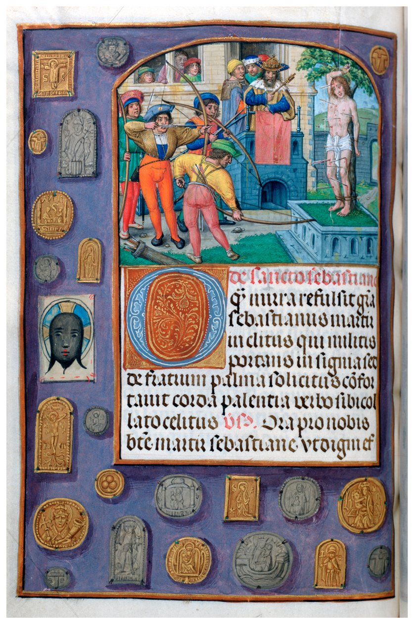 MS 4, vol. 127, f.112v, Martyrdom of St Sebastian with trompe l’oeil border of pilgrim badges and vernicle, from a Book of Hours, Flanders, early sixteenth century (pen & ink and tempera on vellum) بواسطة المدرسة الفلمنكية