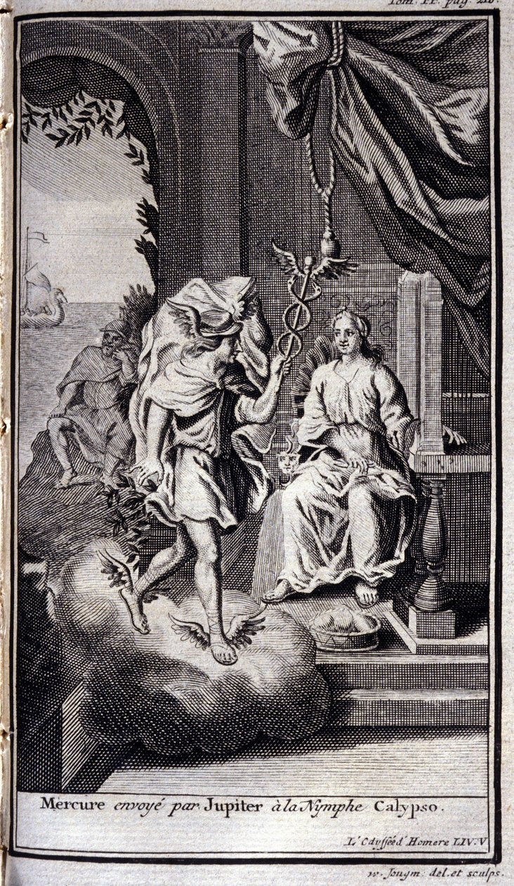 أرسل كوكب عطارد إلى الحورية كاليبسو. رسم توضيحي لكتاب V of the Odyssee of Homere ، في Odyssee ، نُشر في أمستردام عام 1731 ، Collection privee Milan. بواسطة المدرسة الفلمنكية