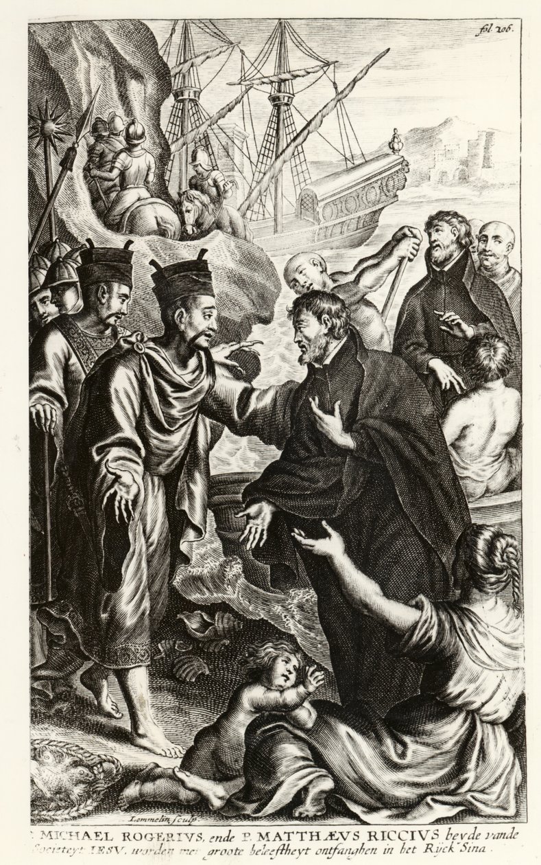 مايكل روجيريوس (1543-1607) وماثيوس ريكيوس (1552-1610) يصلان على ساحل الصين ، التوضيح من تاريخ الكنيسة بقلم كورنيليوس هازارت ، نشر في أنتويرب ، 1668 بواسطة المدرسة الفلمنكية