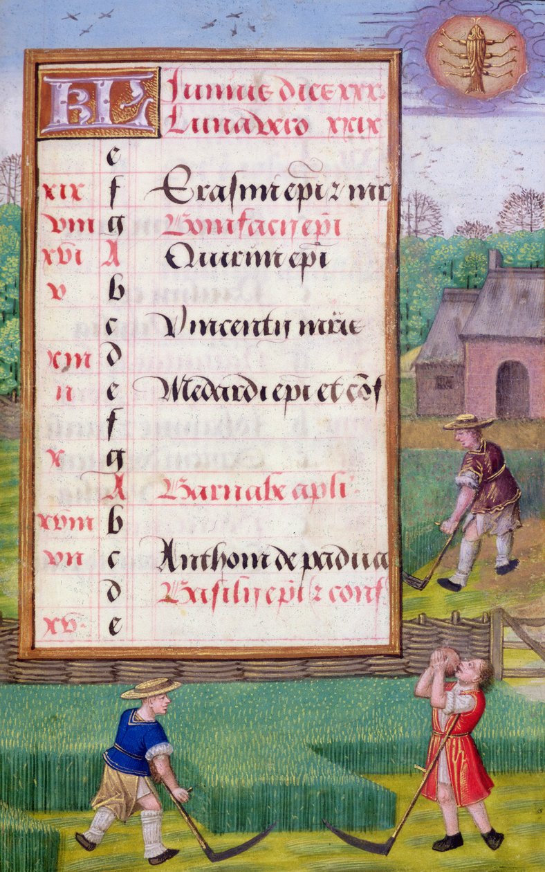 Ms 1058-1975 f6r Mowing Grass ، صفحة تقويم مضيئة لشهر يونيو ، من كتاب الصلوات ، حوالي 1500 (ورق) بواسطة المدرسة الفلمنكية
