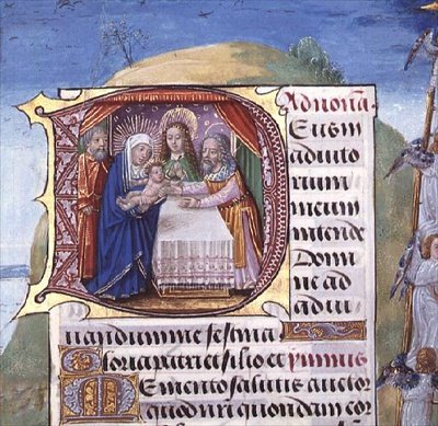Ms 1058-1975 f.85r الحرف الأول التاريخي D الذي يصور العرض التقديمي في الهيكل ، من كتاب الصلوات ، ربما بروج ، حوالي 1500-05 (ورق) بواسطة المدرسة الفلمنكية