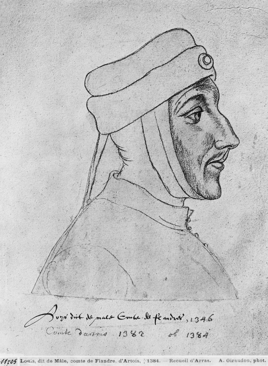 السيدة 266 fol.54 Louis II من فلاندرز ، وكذلك Louis III من Artois و Louis I من Palatine Burgundy ، والمعروفة باسم Louis of Male ، من "The Recueil d&39;Arras" (الطباشير الأحمر على الورق) بواسطة المدرسة الفلمنكية