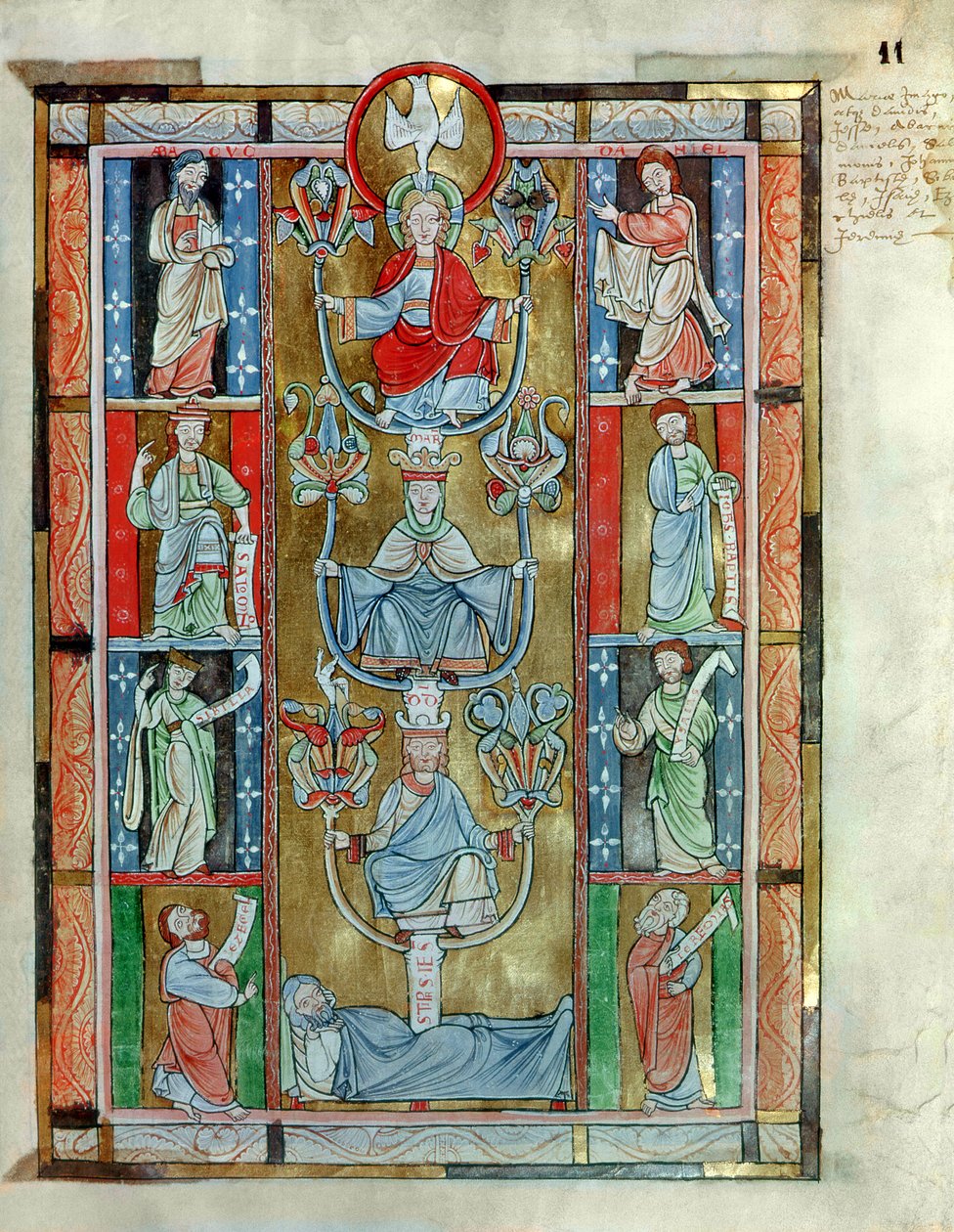 MS 340 fol.11r شجرة جيسي ، من مدح الصليب المقدس بقلم راباناوس م. (c.780-856) من دير أنهين بواسطة المدرسة الفلمنكية