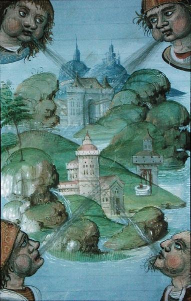 السيدة هانتر 9 f.47v أربع رياح تهب في الزوايا على منظر طبيعي لأرضية البحر ، من "De Medina Fen I II ، بواسطة Avicenna (980-1037)" (رق) بواسطة المدرسة الفلمنكية