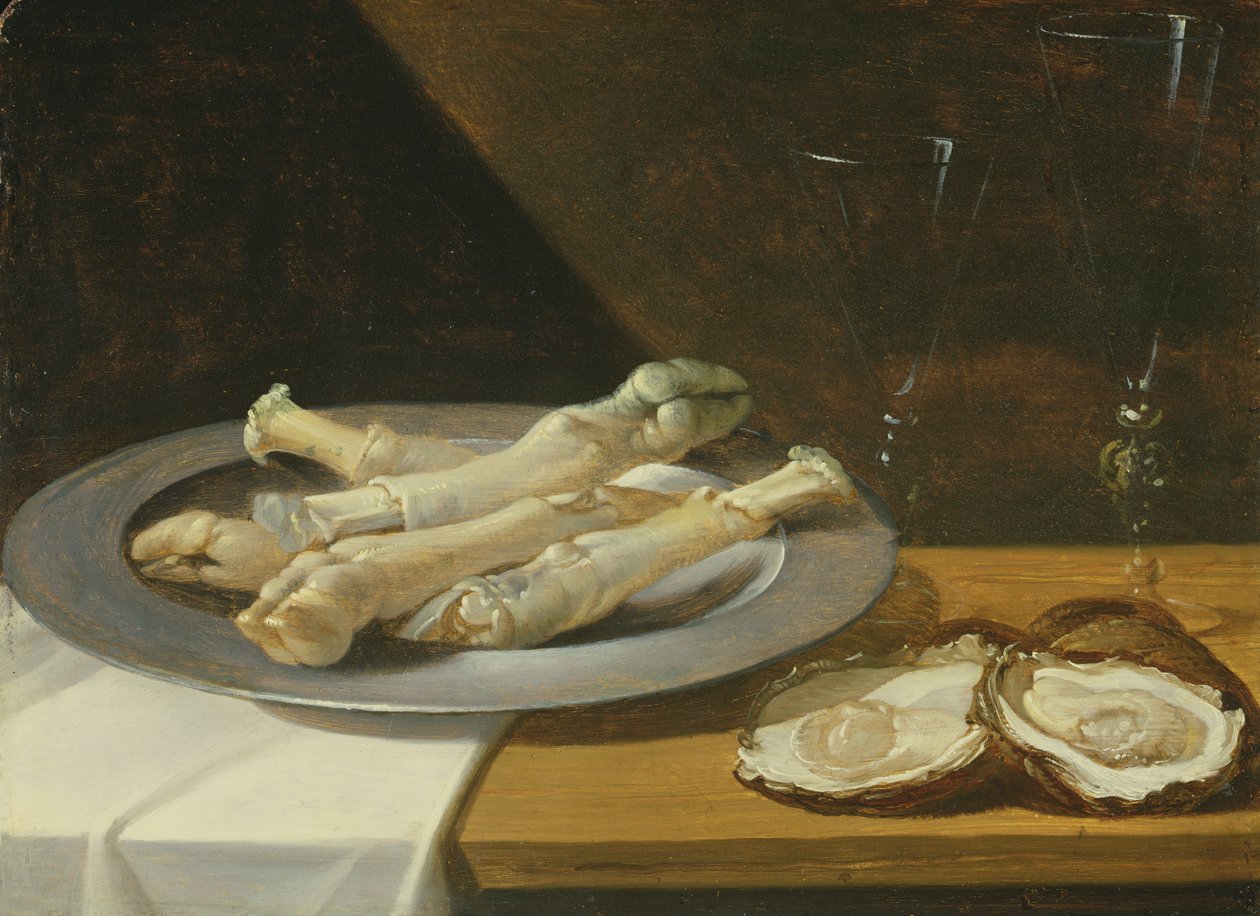 الخنازير المفاصل على لوحة بيوتر مع المحار وكؤوس النبيذ على طاولة منسدلة ، c.1630 بواسطة المدرسة الفلمنكية