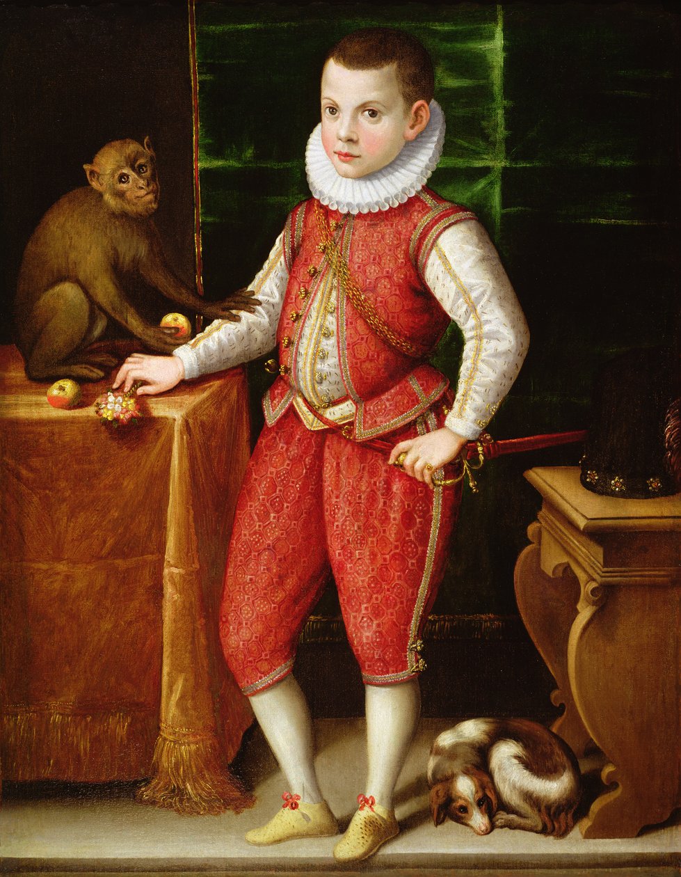صورة لأحد النبلاء الشباب مع قرد وكلب ، c.1615 بواسطة المدرسة الفلمنكية