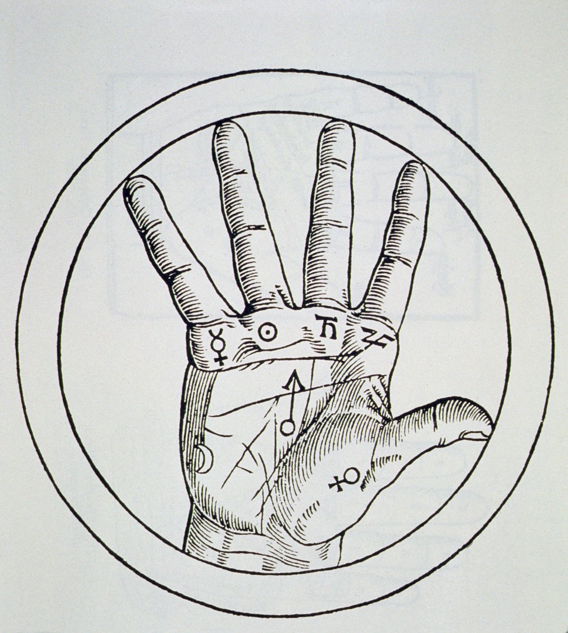 موقع الكواكب على اليد اليمنى ، نسخة من رسم توضيحي من De Occulta Philosophia Libri III ، بقلم Henricus Cornelius Agrippa ، أنتويرب 1533 ، تم استخدامه في تاريخ السحر ، تم نشره في أواخر القرن التاسع عشر. بواسطة المدرسة الفلمنكية