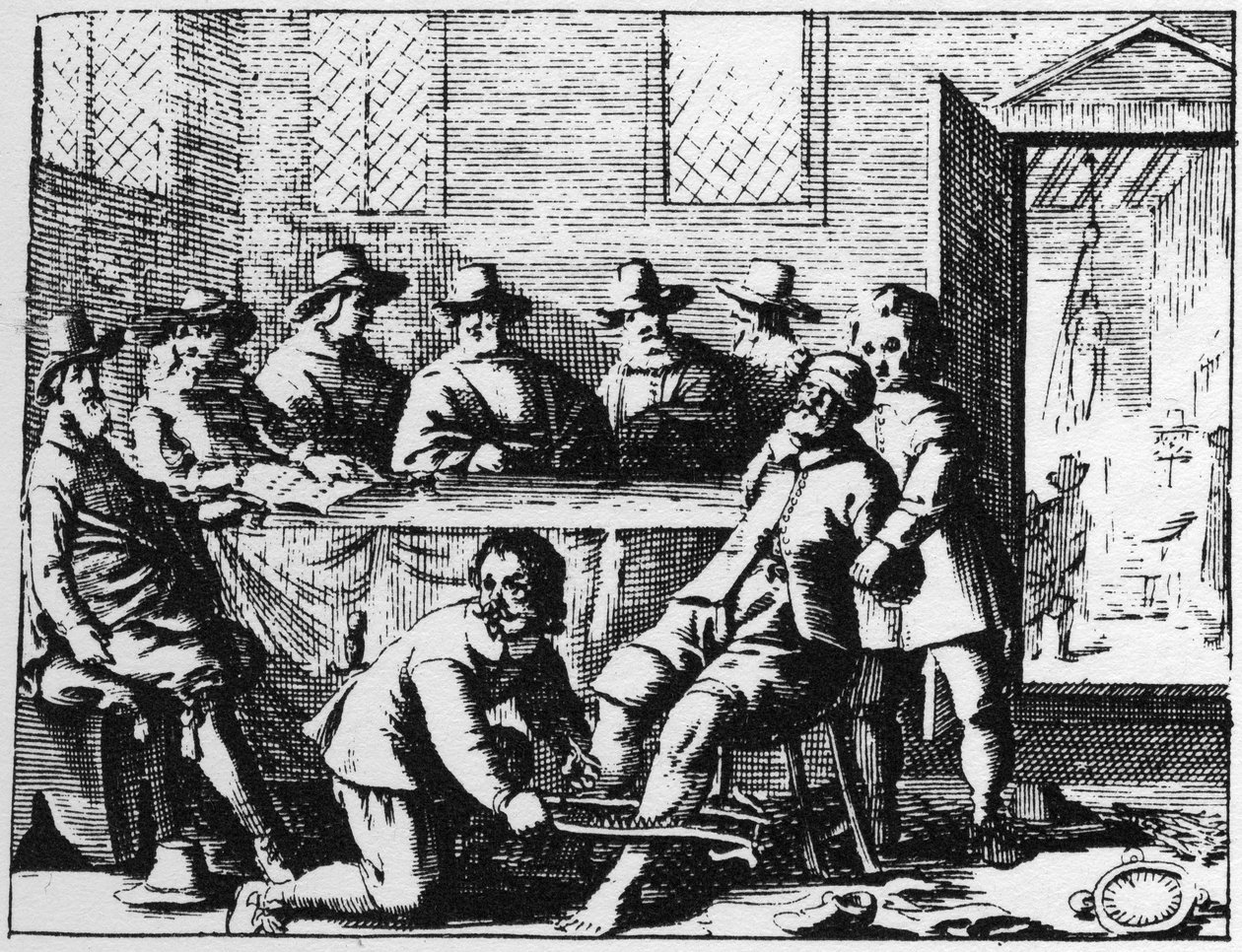 معاقبة Tincers على ساحر - نقش عام 1725 في "La Sorcellerie demasquee" ('t Afgerukt mom-aansight der tooverye) لأبراهام بالينغ بواسطة المدرسة الفلمنكية