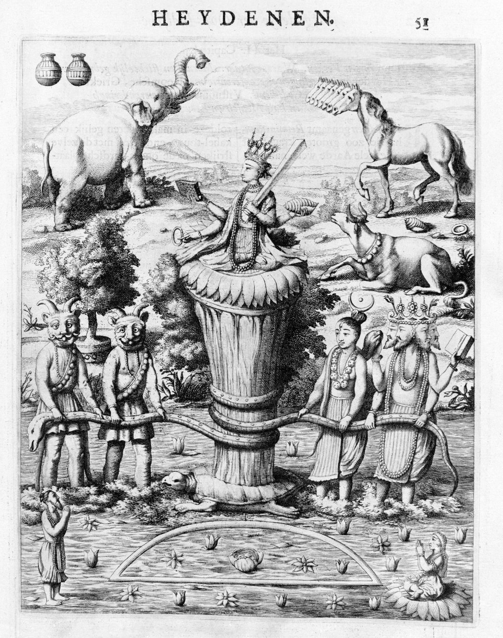 Samudramathana ، بمشاركة ديفا (سوريا ، شيفا ، فيشنو ، براهما) مع الشياطين والجبال. بحسب Baldaeus Philippus Afgoderye der oost-indische Heydenen. أمستردام 1672 بواسطة المدرسة الفلمنكية