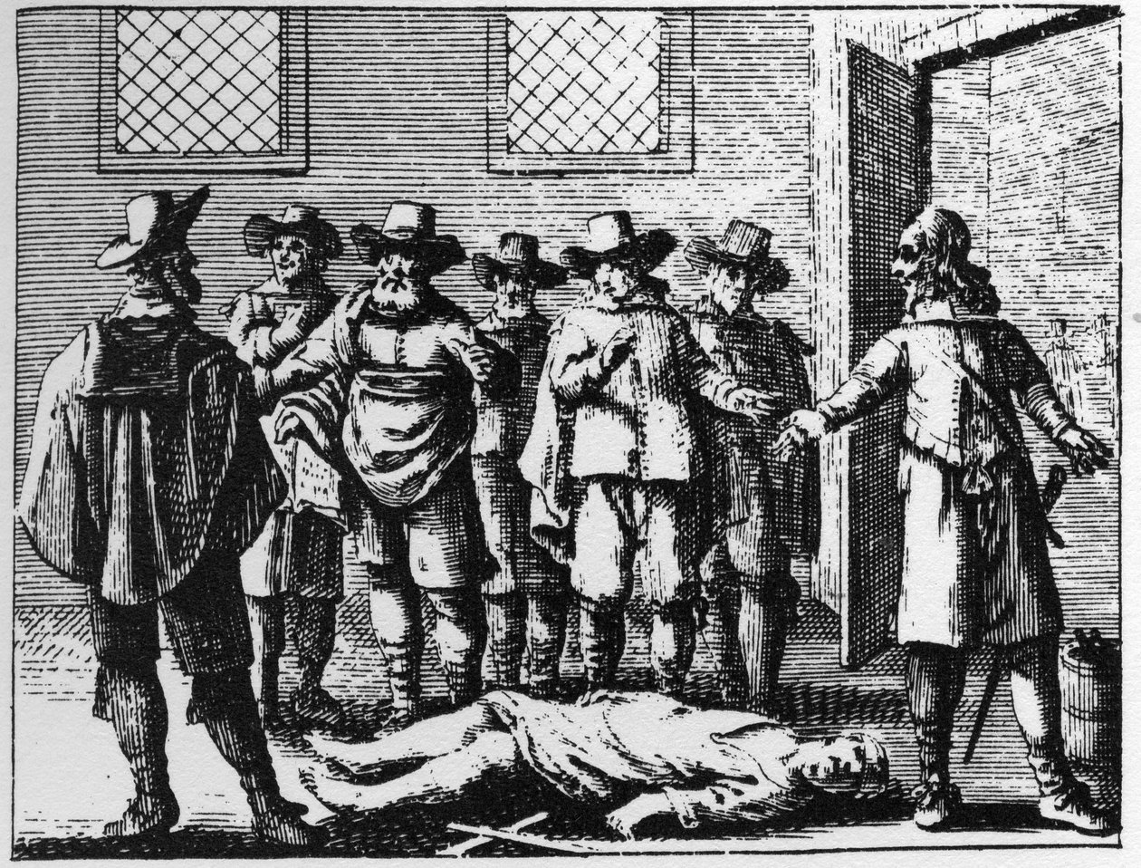 استسلام الساحر للتعذيب - نقش عام 1725 في "La Sorcellerie demasquee" ('t Afgerukt mom-aansight der tooverye) لأبراهام بالينغ بواسطة المدرسة الفلمنكية