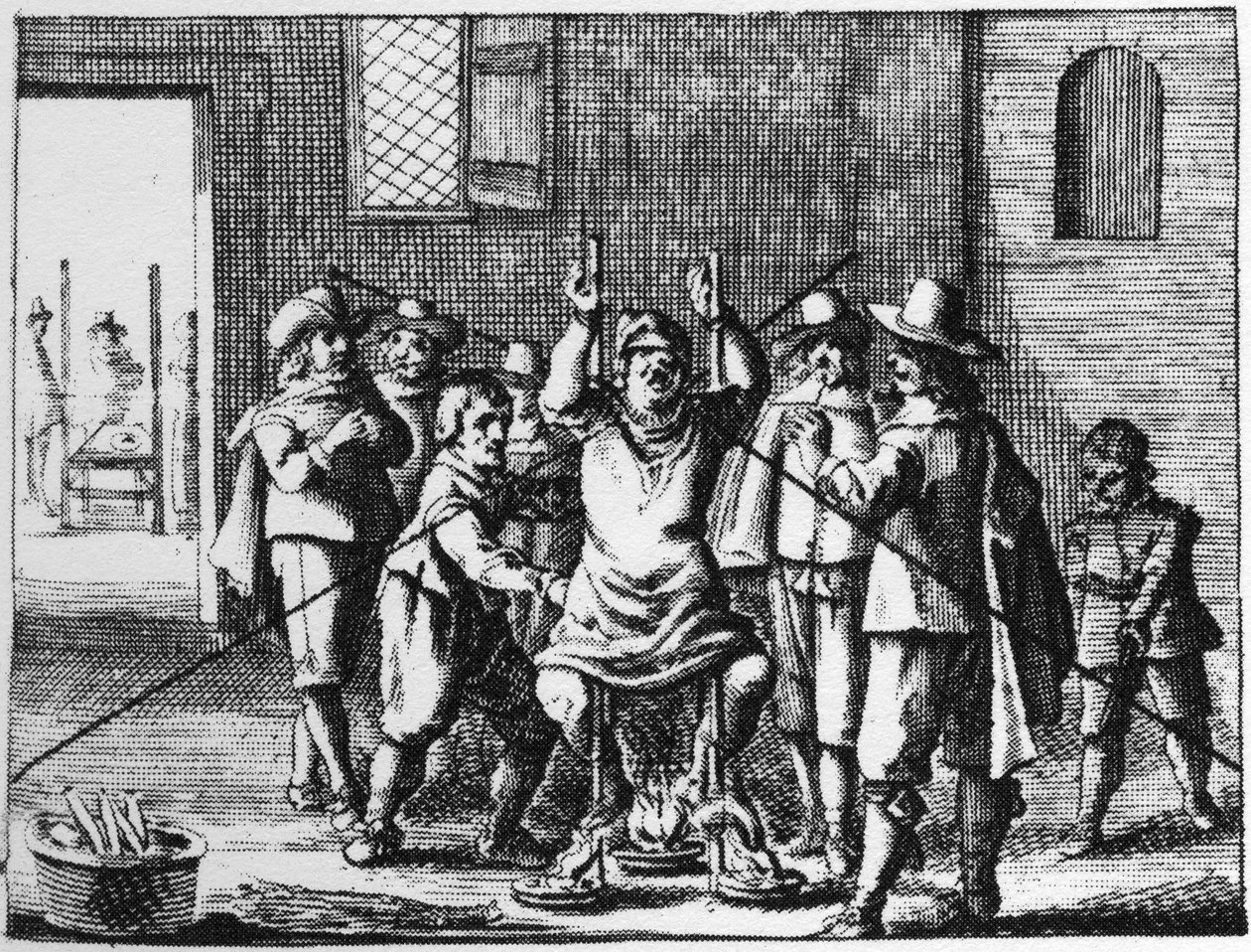 الساحر الذي تم تعذيب القلادة له - نقش عام 1725 في "La Sorcellerie demasquee" ('t Afgerukt mom-aansight der tooverye) لأبراهام بالينغ بواسطة المدرسة الفلمنكية