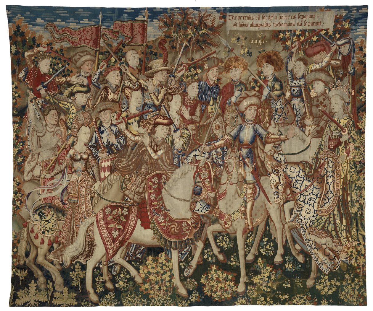 نسيج يظهر هرقل ورفاقه على جبل أوليمبوس، ربما صنع في تورناي، حوالي 1465-1470 (الصوف والحرير) بواسطة المدرسة الفلمنكية